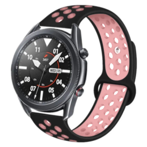 Silicone Sport Strap, black/pink, on a watch, 3/4 front view