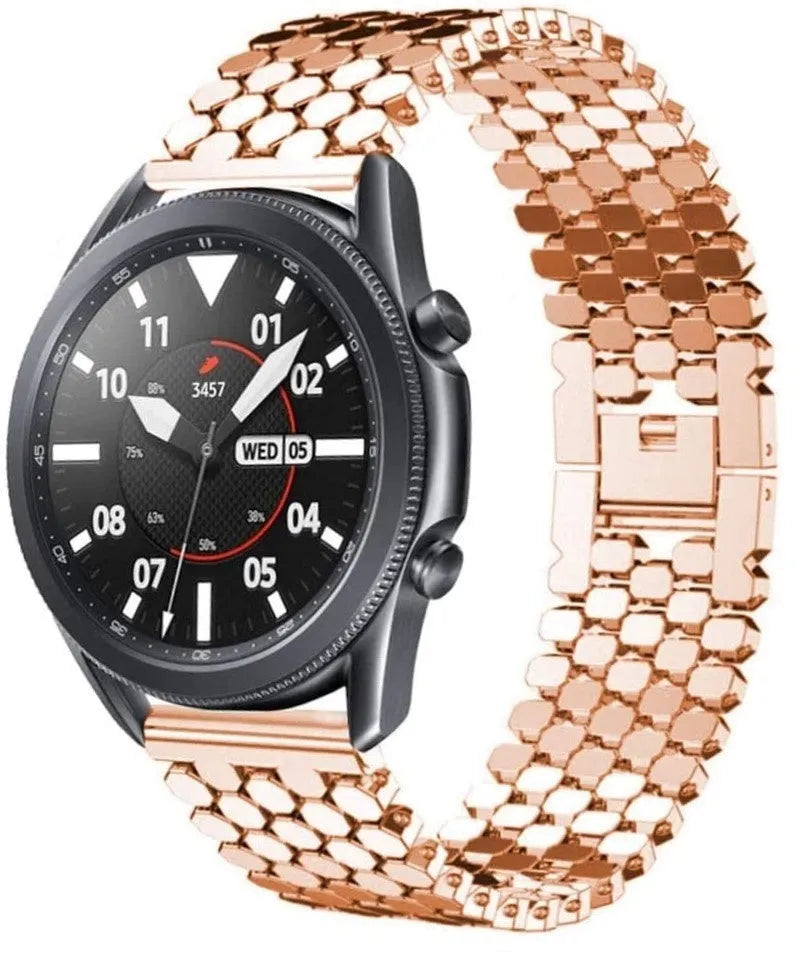 Steel Strap Hexagons, rose gold, on a watch, 3/4 front view