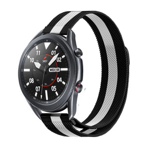 Milanese Strap, black/white, on a watch, 3/4 front view