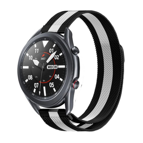 Milanese Strap, black/white, on a watch, 3/4 front view