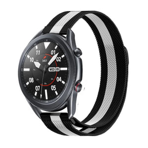 Milanese Strap, black/white, on a watch, 3/4 front view