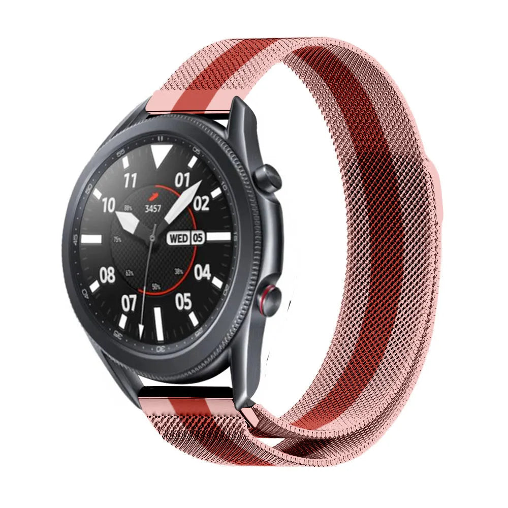 Milanese Strap, red/pink, on a watch, 3/4 front view