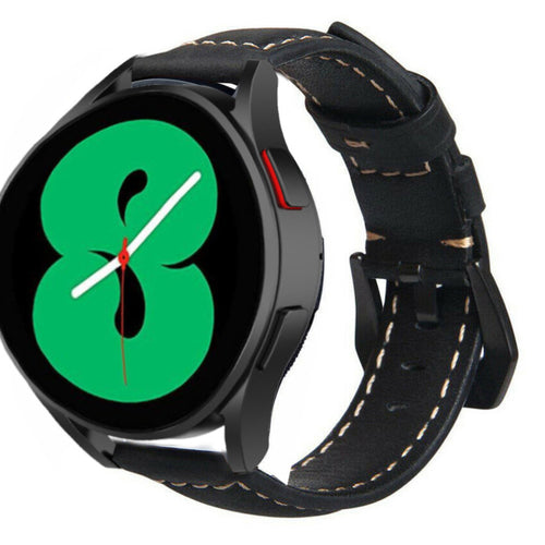 Leather Strap, black, on a watch, 3/4 front view