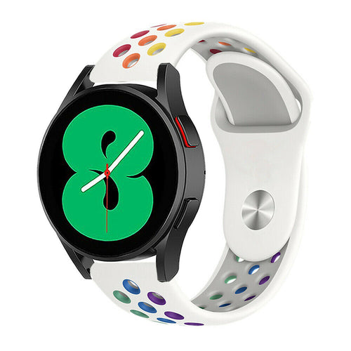 Silicone Sport Strap, white/colourful, on a watch, 3/4 front view