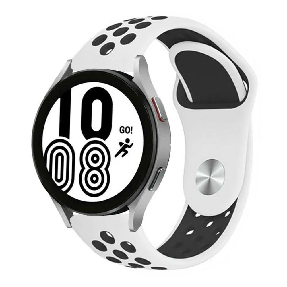 Silicone Sport Strap, white/black, on a watch, 3/4 front view