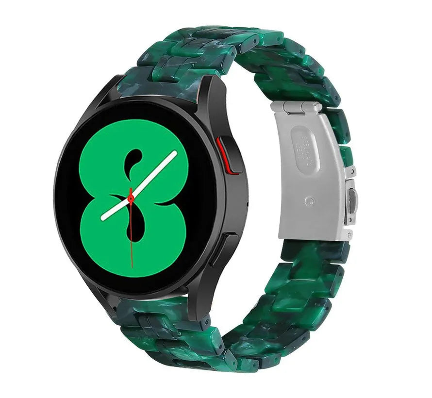 Metal Resin Strap, green, on a watch, 3/4 front view