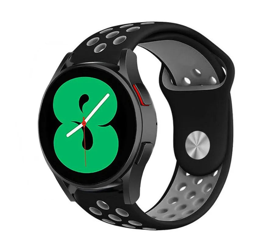 Silicone Sport Strap, black/grey, on a watch, 3/4 front view