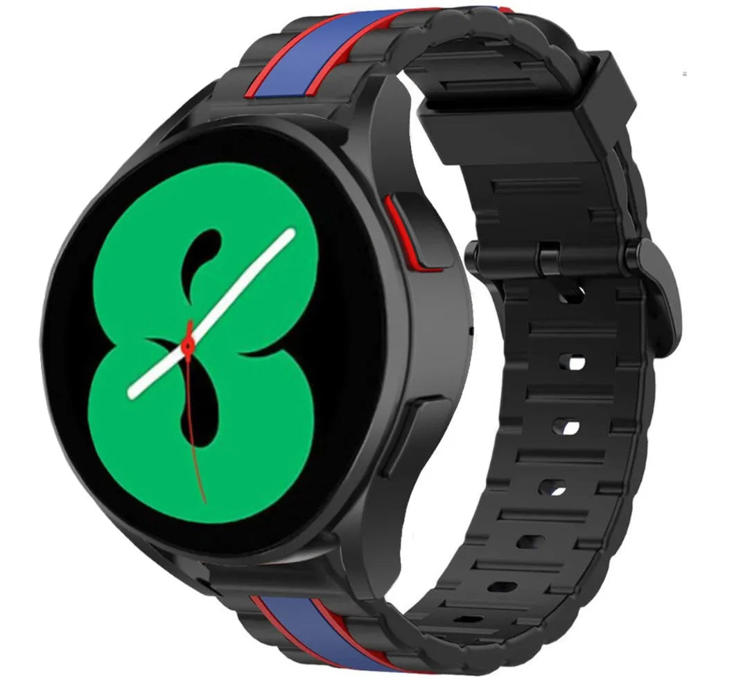 Silicone Special Edition Strap, black/blue, on a watch, 3/4 front view