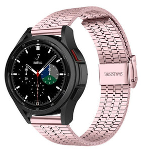 Fine Steel Strap, pink, on a watch, 3/4 front view
