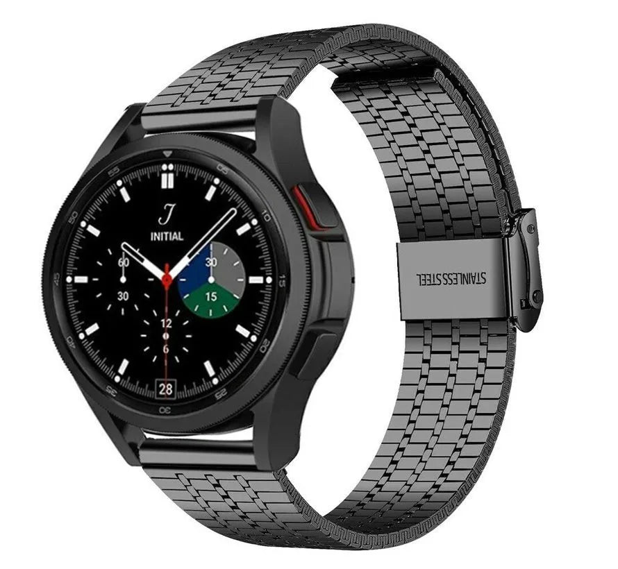 Fine Steel Strap, black, on a watch, 3/4 front view