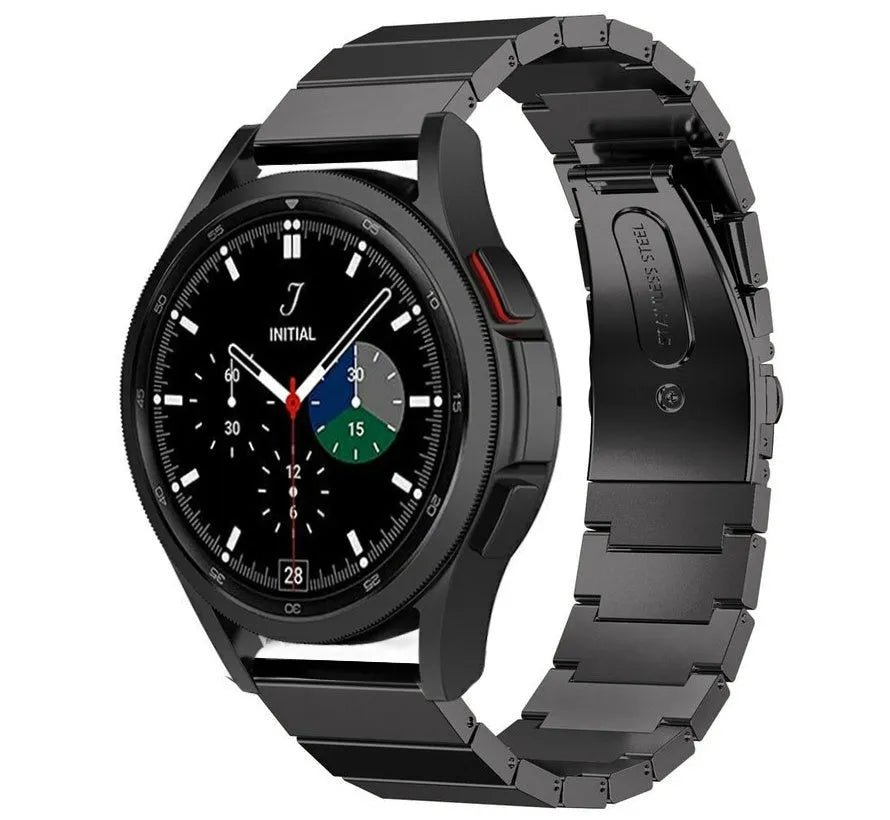 Premium Metal Strap, black, on a watch, 3/4 front view