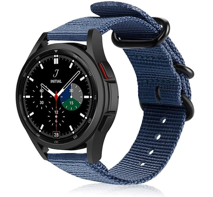 Nylon Buckle Strap, blue, on a watch, 3/4 front view
