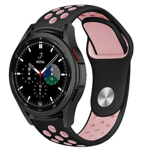 Silicone Sport Strap, black/pink, on a watch, 3/4 front view