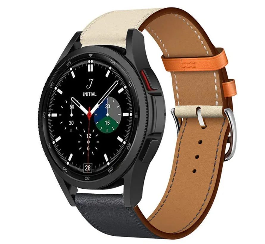 Leather Strap 'Duo', dark blue, on a watch, 3/4 front view