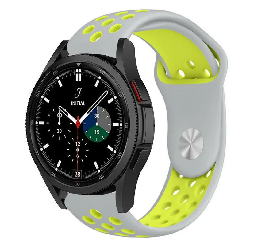 Silicone Sport Strap, grey/yellow, on a watch, 3/4 front view