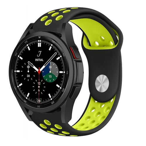 Silicone Sport Strap, black/yellow, on a watch, 3/4 front view