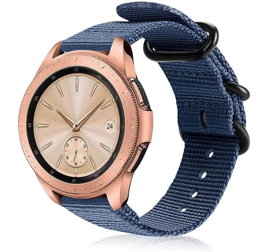 Nylon Buckle Strap, blue, on a watch, 3/4 front view