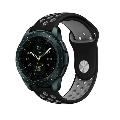 Silicone Sport Strap, black/grey, on a watch, 3/4 front view