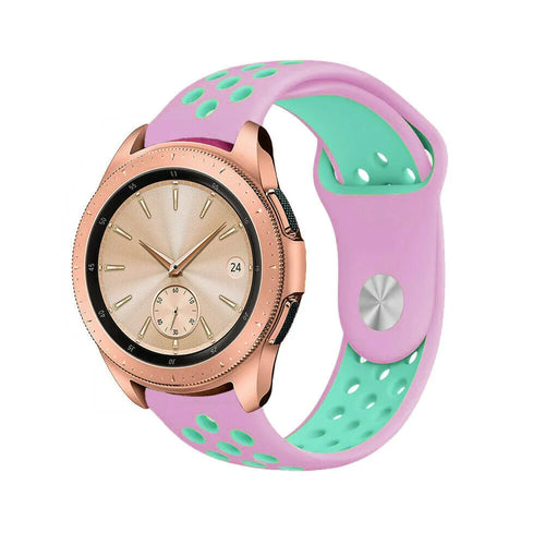Silicone Sport Strap, pink/aqua, on a watch, 3/4 front view