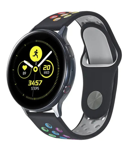 Silicone Sport Strap, black/colourful, on a watch, 3/4 front view