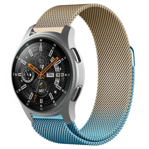 Milanese Strap, blue/gold, on a watch, 3/4 front view