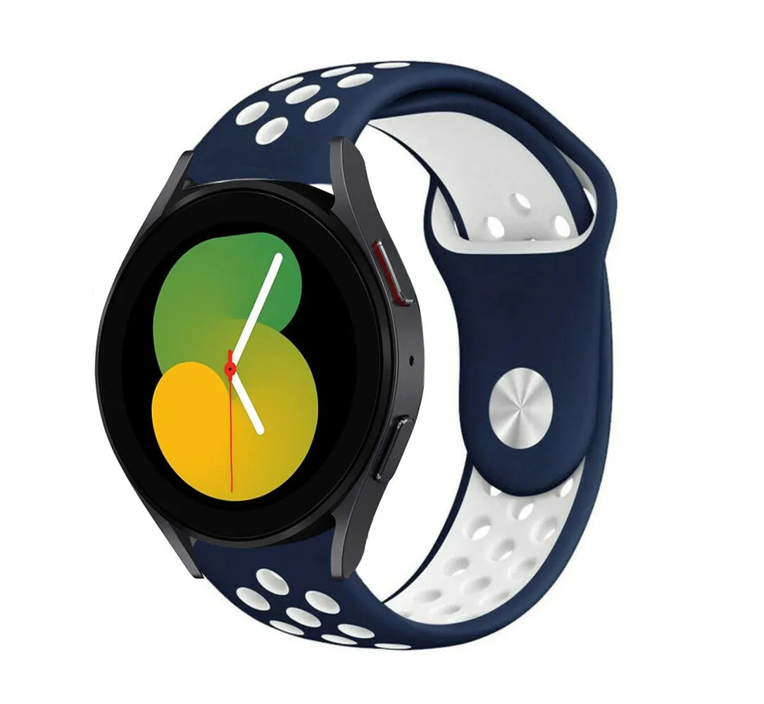 Silicone Sport Strap, blue/white, on a watch, 3/4 front view