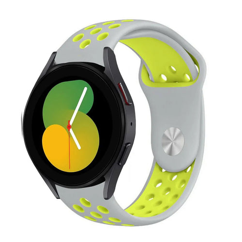 Silicone Sport Strap, grey/yellow, on a watch, 3/4 front view