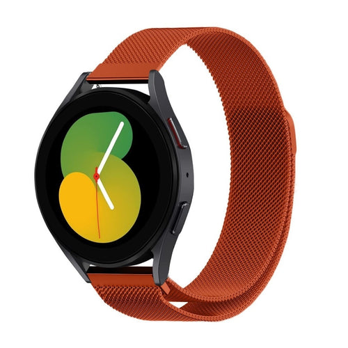 Milanese Strap, orange, on a watch, 3/4 front view