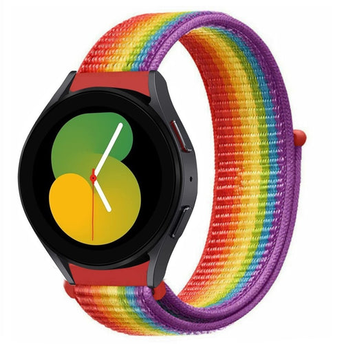 Nylon Strap, rainbow, on a watch, 3/4 front view