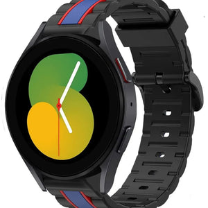 Silicone Special Edition Strap, black/blue, on a watch, 3/4 front view