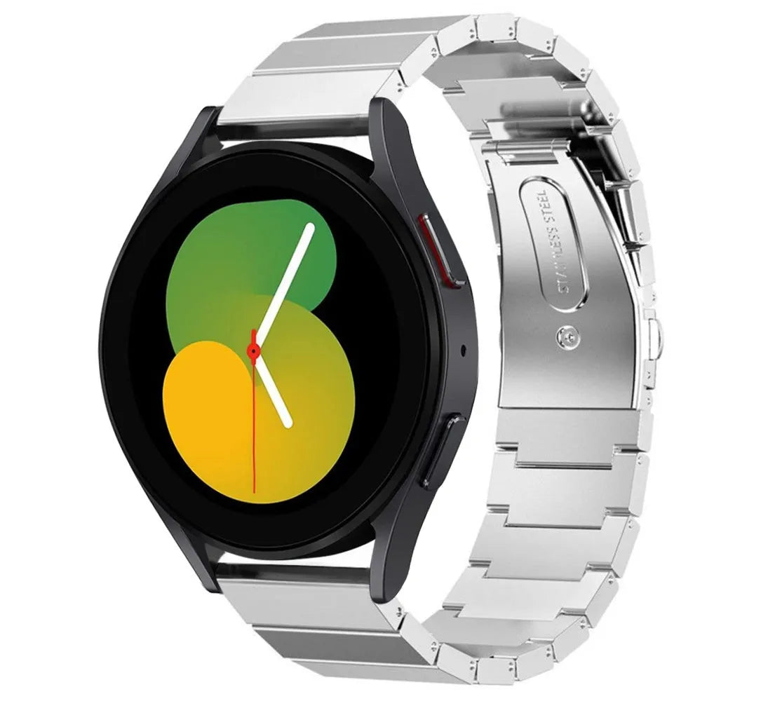 Premium Metal Strap, silver, on a watch, 3/4 front view
