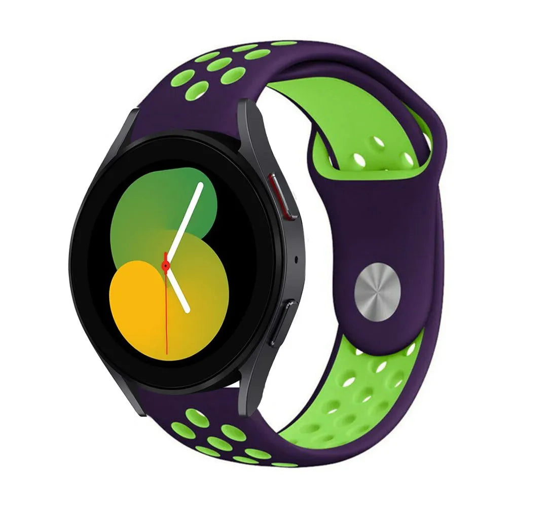 Silicone Sport Strap, purple/green, on a watch, 3/4 front view