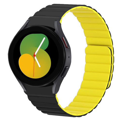 Magnetic Silicone Strap, black/yellow, on a watch, 3/4 front view