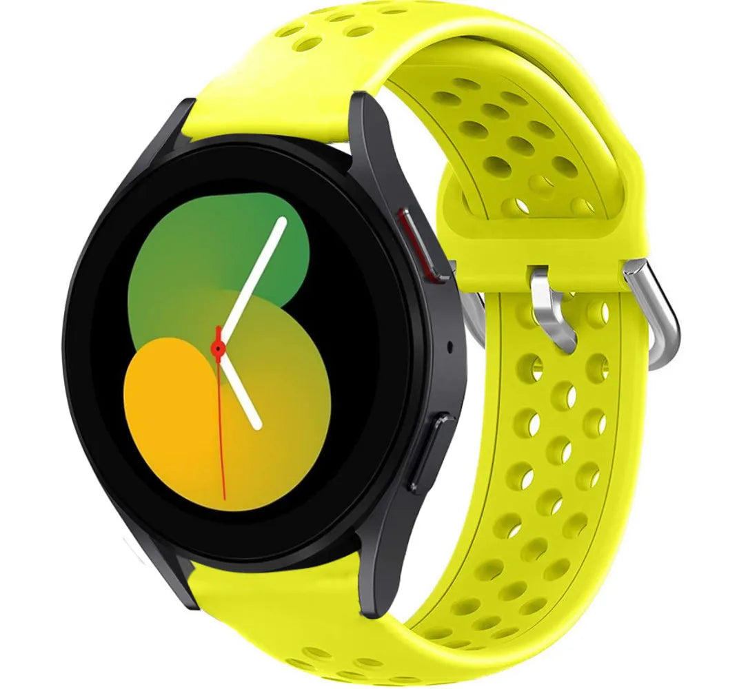 Breathable Silicone Strap, yellow, on a watch, 3/4 front view