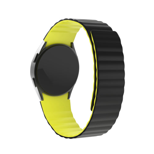 Magnetic Silicone Strap, black/yellow, on a watch, 3/4 front view