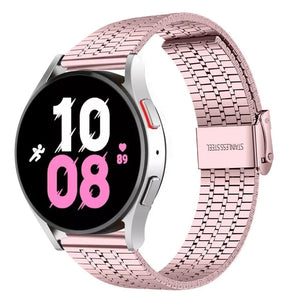 Fine Steel Strap, pink, on a watch, 3/4 front view