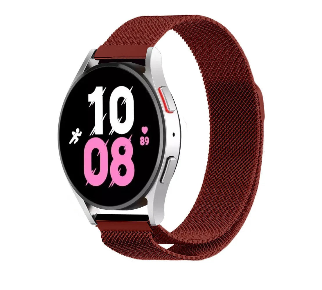 Milanese Strap, red, on a watch, 3/4 front view