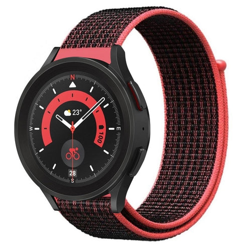 Nylon Strap, black/coral, on a watch, 3/4 front view