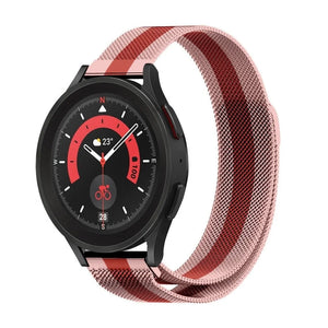Milanese Strap, red/pink, on a watch, 3/4 front view