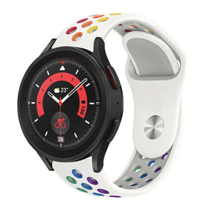 Silicone Sport Strap, white/colourful, on a watch, 3/4 front view