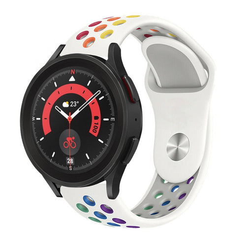 Silicone Sport Strap, white/colourful, on a watch, 3/4 front view