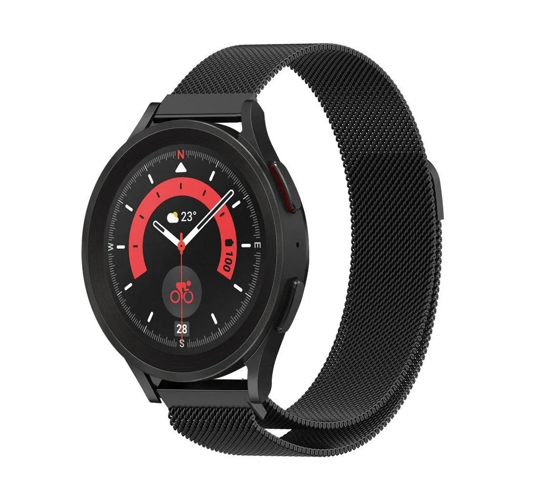 Milanese Strap, black, on a watch, 3/4 front view