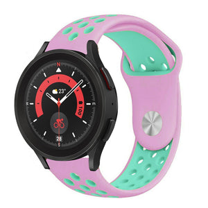 Silicone Sport Strap, pink/aqua, on a watch, 3/4 front view