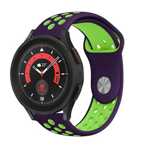 Silicone Sport Strap, purple/green, on a watch, 3/4 front view