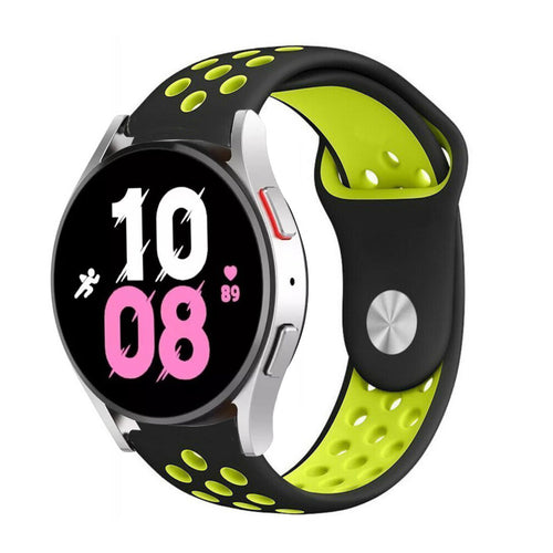 Silicone Sport Strap, black/yellow, on a watch, 3/4 front view