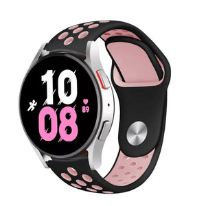 Silicone Sport Strap, black/pink, on a watch, 3/4 front view