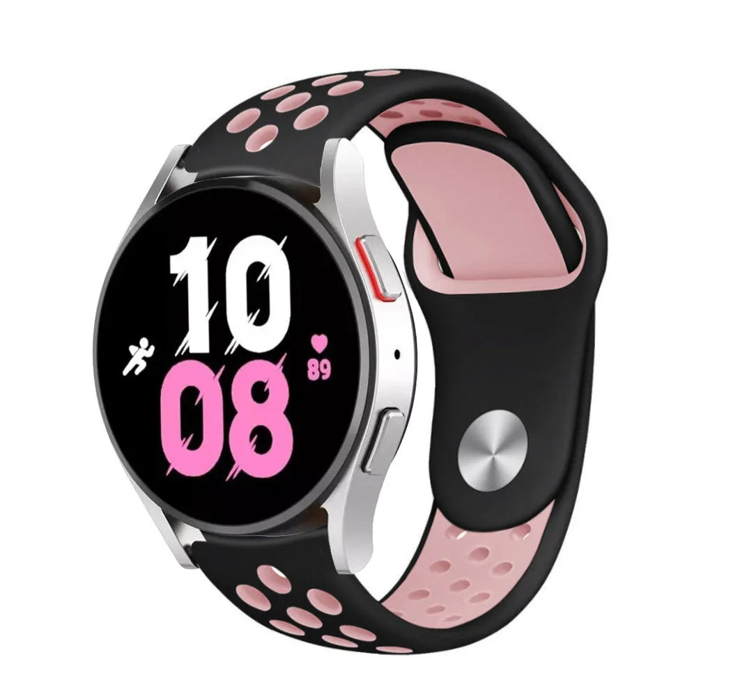 Silicone Sport Strap, black/pink, on a watch, 3/4 front view