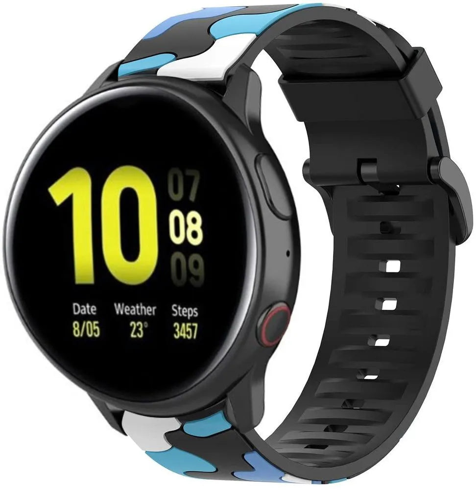 Silicone Camo Strap, blue, on a watch, 3/4 front view