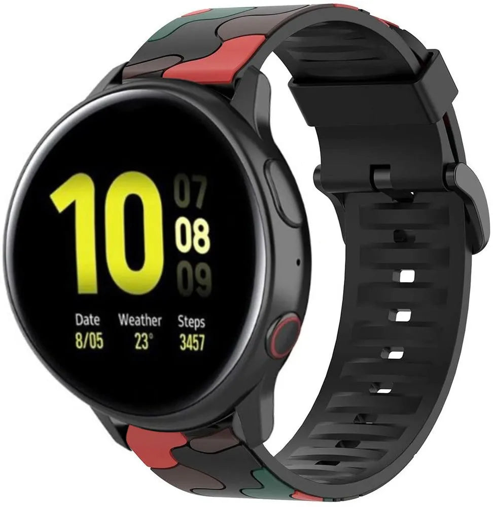 Silicone Camo Strap, red, on a watch, 3/4 front view