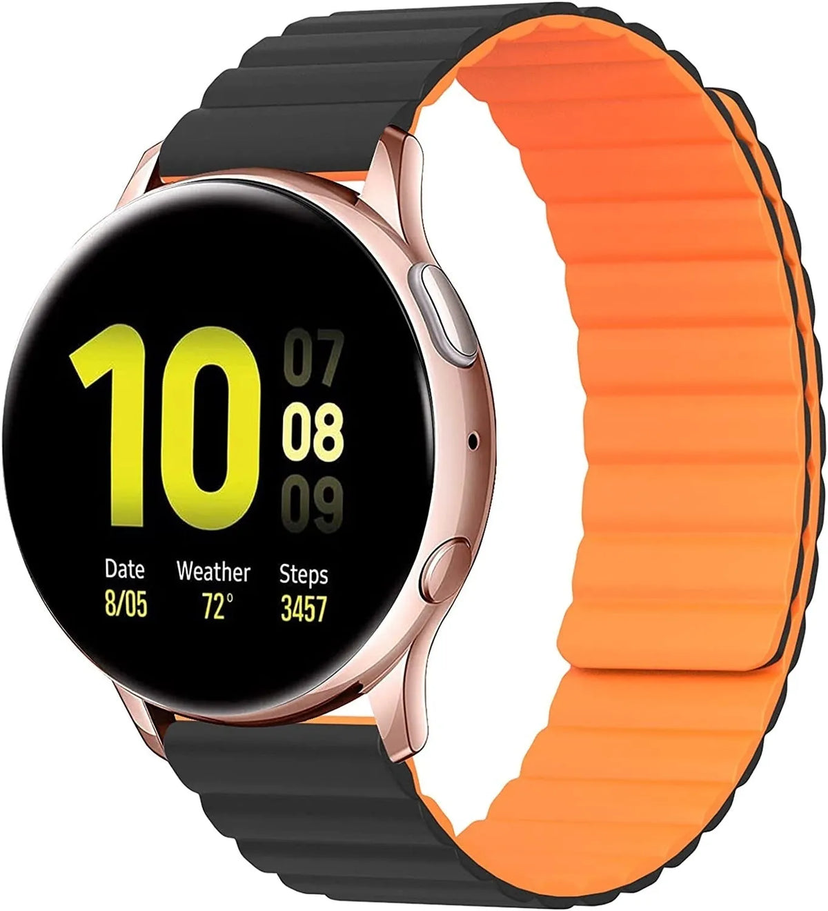 Magnetic Silicone Strap, black/orange, on a watch, 3/4 front view